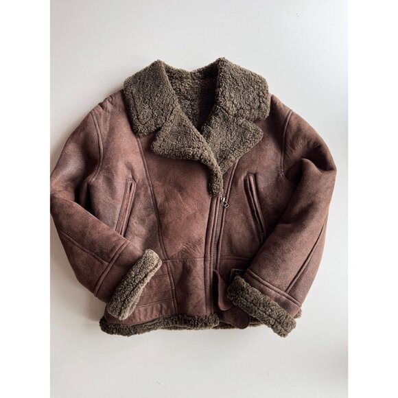 Vintage 90's ALDO Brown Sheepskin Leather Shearling Moto Biker Jacket, Size M - Picture 5 of 16